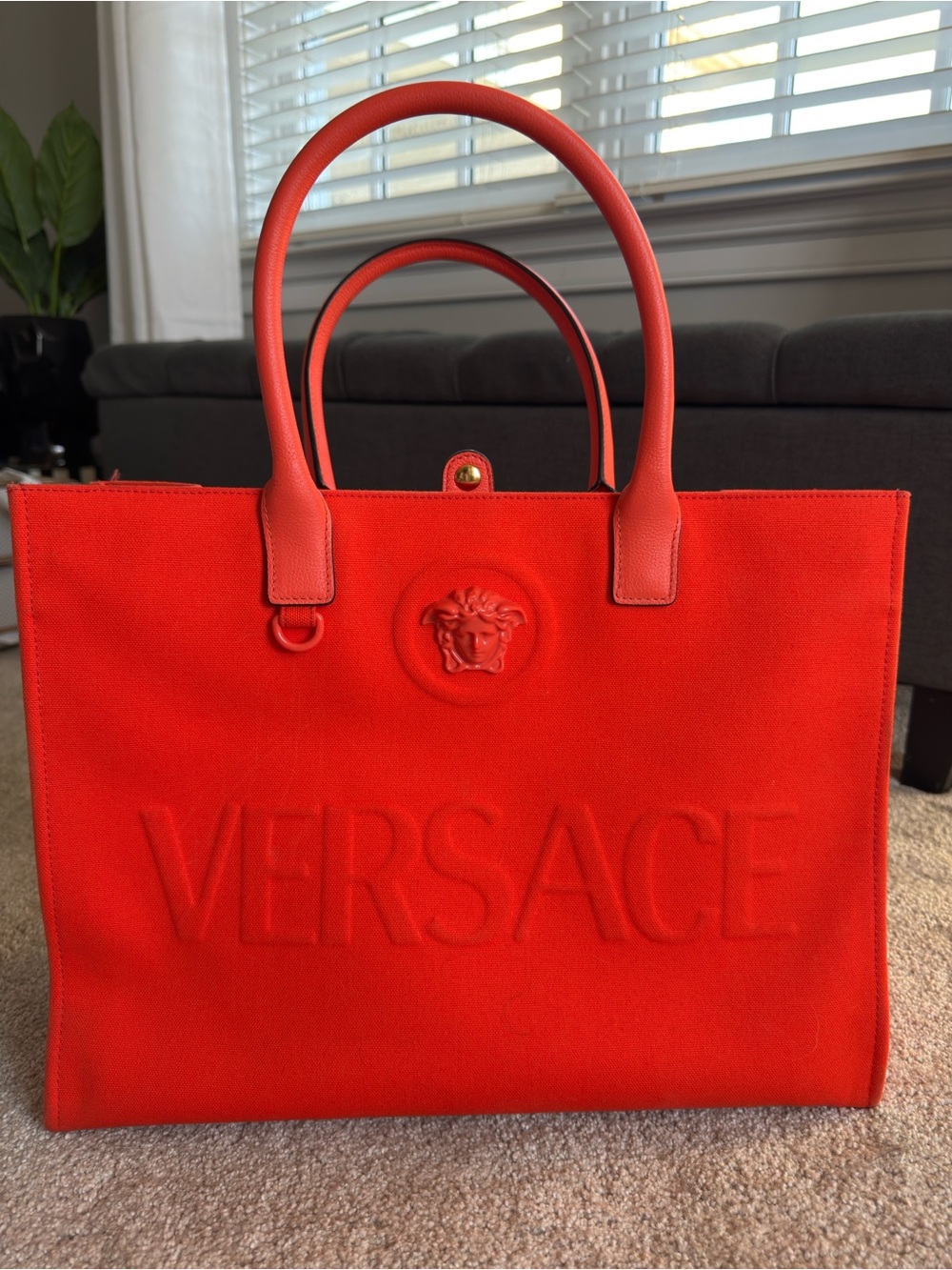 Versace Bright Orange Embossed Logo Tote
